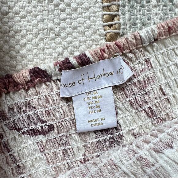 House Of Harlow 1960 White Pink Linen Blend Long Puff Sleeves Midi Dress Medium - Picture 8 of 9